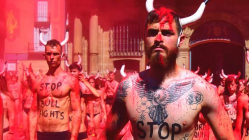 Nearly naked PETA activists fill the sky with blood in protest of bullfighting