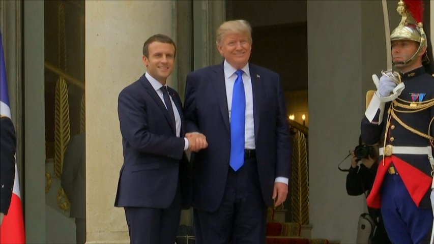 Donald Trump and Emmanuel Macron shake hands again ahead of bilateral meeting