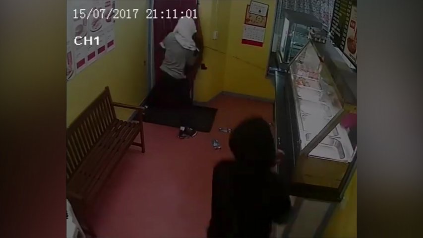 Bumbling thief attempts to take cash register still plugged into wall