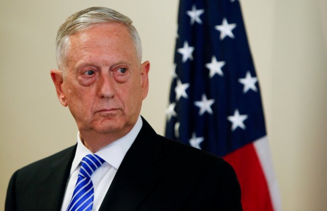 U.S. Defence Minister Mattis is seen during a press conference at the George C. Marshall..