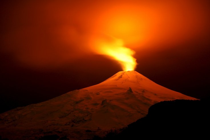 The Villarrica Volcano is seen at night from Pucon town