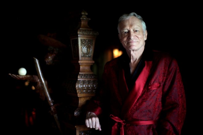 Playboy magazine founder Hugh Hefner poses for a portrait at his Playboy mansion in Los Angeles