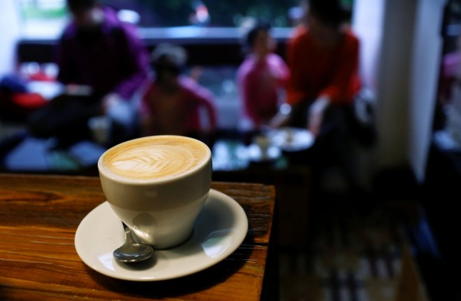 A cappuccino coffee cup is seen at Moko cafe in Warsaw