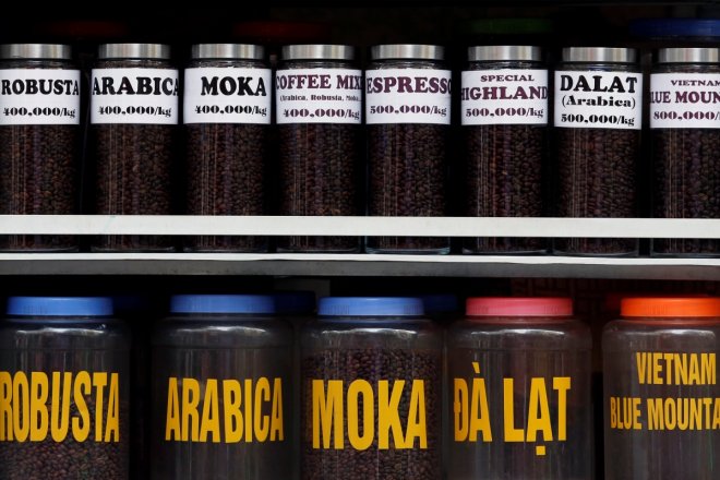 Coffee beans are seen displayed for sale at a shop in Hanoi