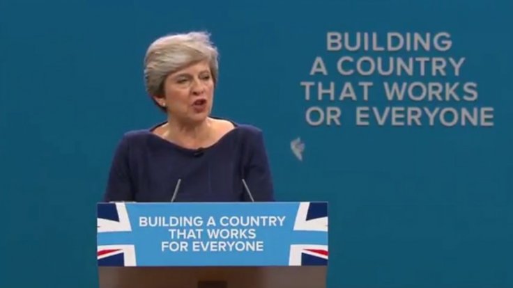 Conservative Party slogan sign falls apart during disastrous Theresa May speech