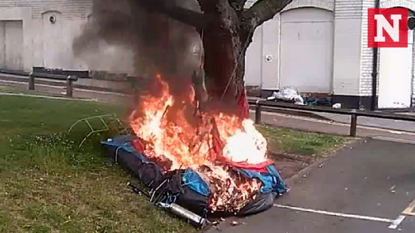 CCTV shows arsonist setting homeless mans tent on fire while he was inside