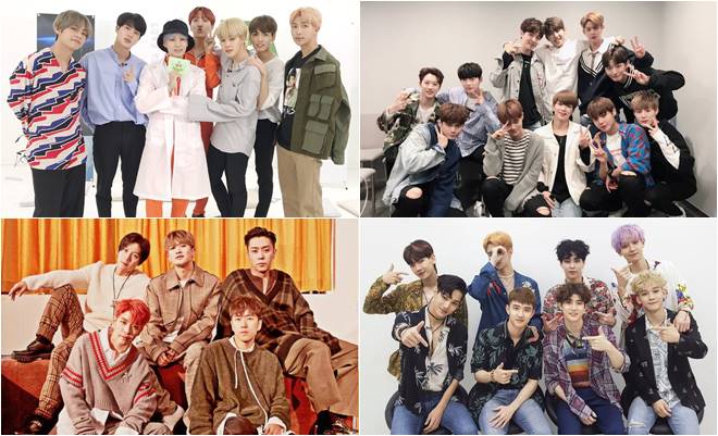(Clockwise from top left) BTS, Wanna One, EXO and Sechs Kies (Clockwise from top left) BTS, Wanna One, EXO and Sechs Kies