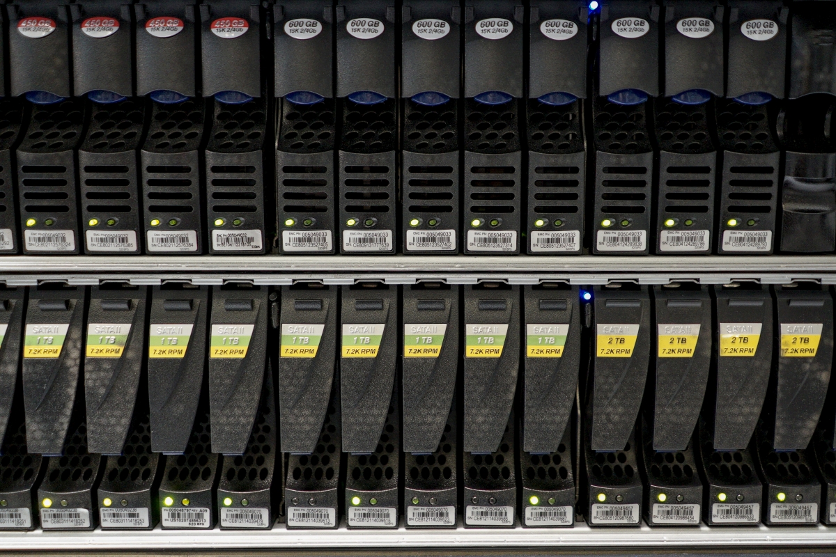 Hard disks are pictured inside a server room at a company in Bangkok