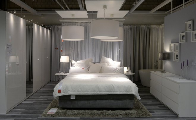A bedroom set up is pictured in IKEA's first city centre store in Hamburg