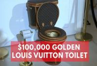 Golden toilet covered in luxury Louis Vuitton monogram bags on sale for $100,000