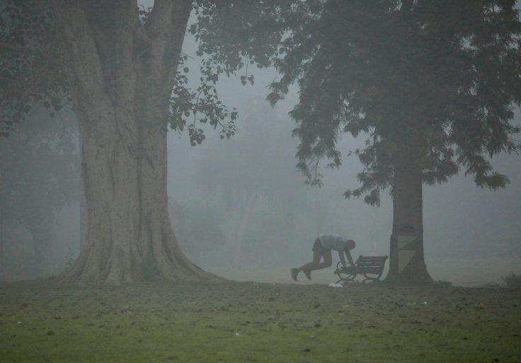 A man exercises in a park on a smoggy morning in New Delhi.