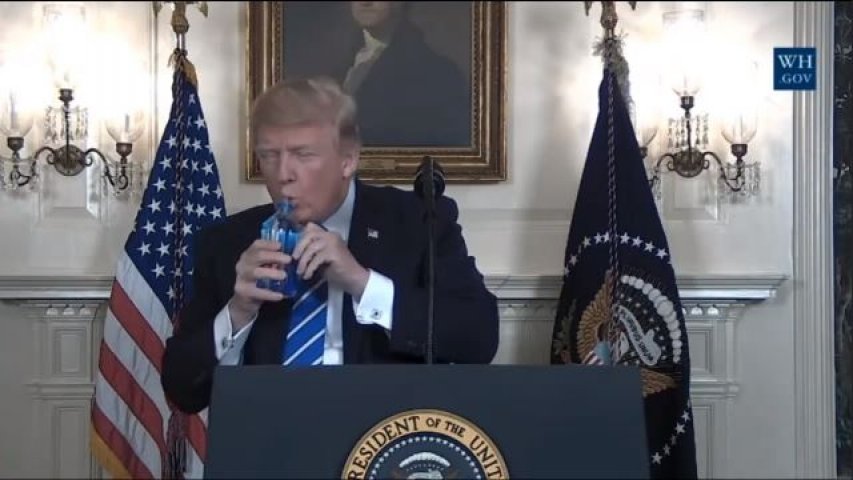 President Trump drinks water during Asia trip recap