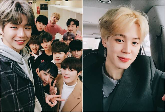 Kang Daniel and Wanna One members (left) and BTS' Jimin