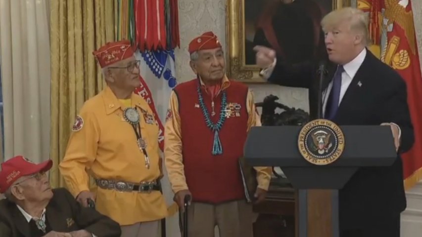 President Trump makes Pocahontas reference to Senator Elizabeth Warren with native American code talkers