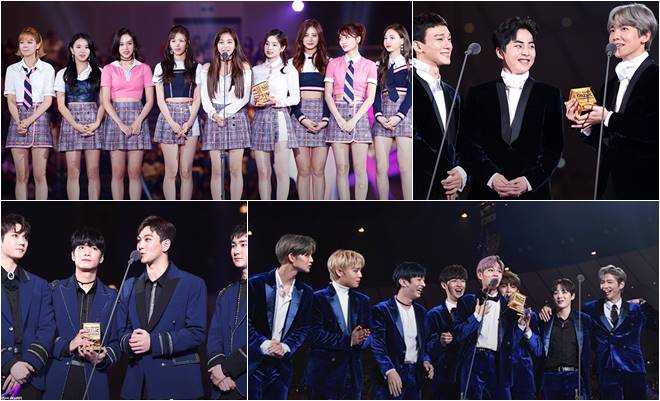 (Clockwise from top left) TWICE, EXO-CBX, Wanna One and NU'EST W