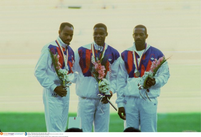 1988 Olympic Games, long jump medal winners Mike Powell - USA silver and Larry Myricks - USA bronze Mandatory 1988 Olympic Games, long jump medal winners Mike Powell - USA silver and Larry Myricks - USA bronze Mandatory