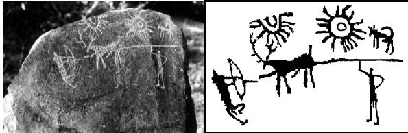 Photograph of stone Carving from Burzahom (Courtesy IGNCA) along with a sketch of the same.