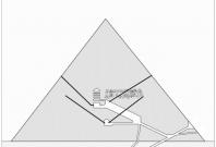 North-south section of the Great Pyramid showing (dust-filled area) the hypothetical project of the chamber, in connection with the lower southern shaft. The upper southern shaft does not intersects the chamber (as instead suggested by the section) becaus