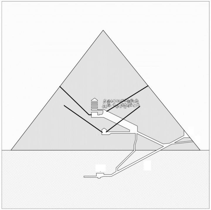 North-south section of the Great Pyramid showing (dust-filled area) the hypothetical project of the chamber, in connection with the lower southern shaft. The upper southern shaft does not intersects the chamber (as instead suggested by the section) becaus