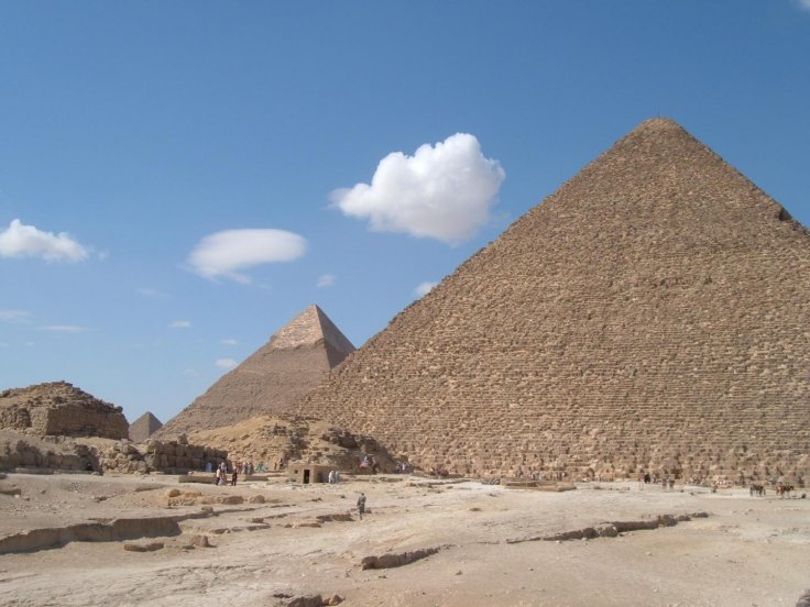 This is a view of the Giza Pyramids from the east with the Great Pyramid in the foreground.