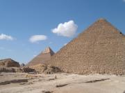 This is a view of the Giza Pyramids from the east with the Great Pyramid in the foreground.