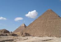 This is a view of the Giza Pyramids from the east with the Great Pyramid in the foreground.