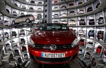 Volkswagen models Golf Cabriolet and Passat are stored at the CarTowers next to the Volkswagen plant.