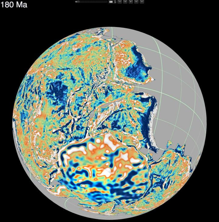 This is a reconstruction of the supercontinent Pangea 180 million years ago. The colors correspond to fluctuations in the continental gravity field, which reflect the deep continental structure such as roots of ancient mountain chains, basins and fold bel