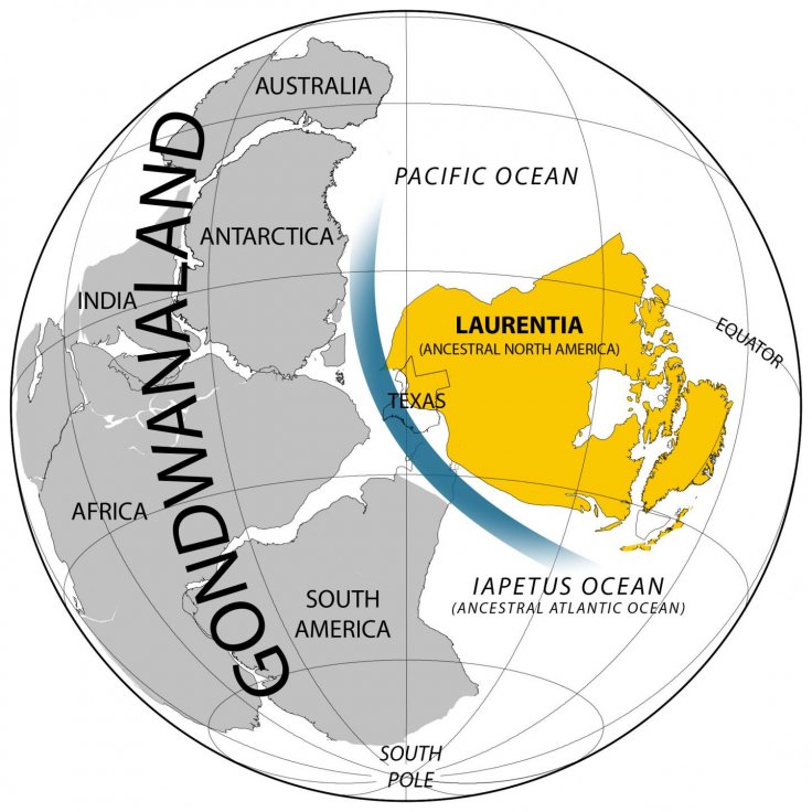 A new analysis from The University of Texas at Austin's Institute for Geophysics suggests a deep oceanic gateway, shown in blue, developed between the Pacific and Iapetus oceans immediately before the Cambrian sea level rise and explosion of life in the f