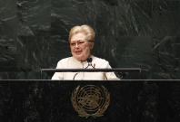 Doctor Mathilde Krim, founding chairman of amfAR, addresses diplomats gathered in the UN General Assembly...