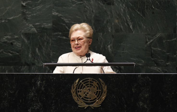 Doctor Mathilde Krim, founding chairman of amfAR, addresses diplomats gathered in the UN General Assembly...