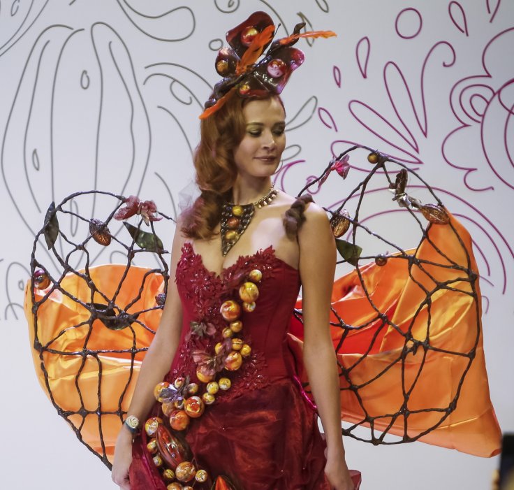 A model displays a chocolate decorated dress at the Salon du Chocolat in Moscow, Russia, March 6, 2016. 