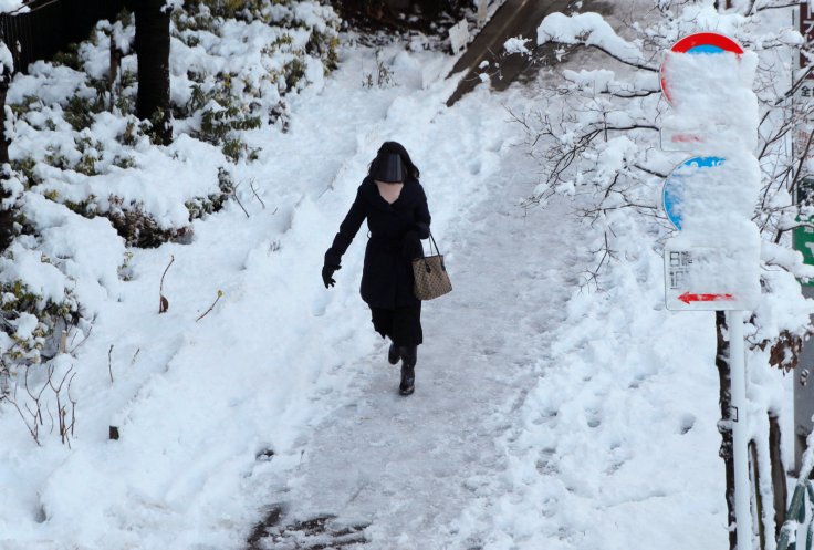 A woman makes her way on a snow-covered sidewalk in Tokyo, Japan, January 23, 2018. REUTERS/Kim Kyung-Hoon