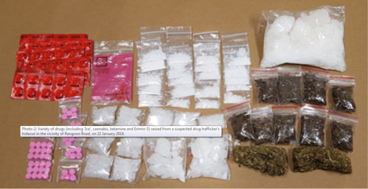 Variety of drugs (including ‘Ice’, cannabis, ketamine and Erimin-5) seized from a suspected drug trafficker’s hideout in the vicinity of Rangoon Road, on 22 January 2018. Variety of drugs (including ‘Ice’, cannabis, ketamine and Erimin-5) seized from a suspected drug trafficker’s hideout in the vicinity of Rangoon Road, on 22 January 2018.