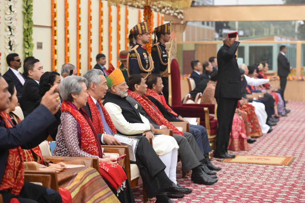 President Ram Nath Kovind, the Prime Minister,  Narendra Modi and other dignitaries, at Rajpath, on the occasion of the 69th Republic Day Parade 2018