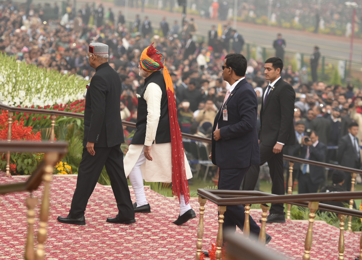 Prime Minister, Narendra Modi receiving the President, Ram Nath Kovind, at the 69th Republic Day Celebrations