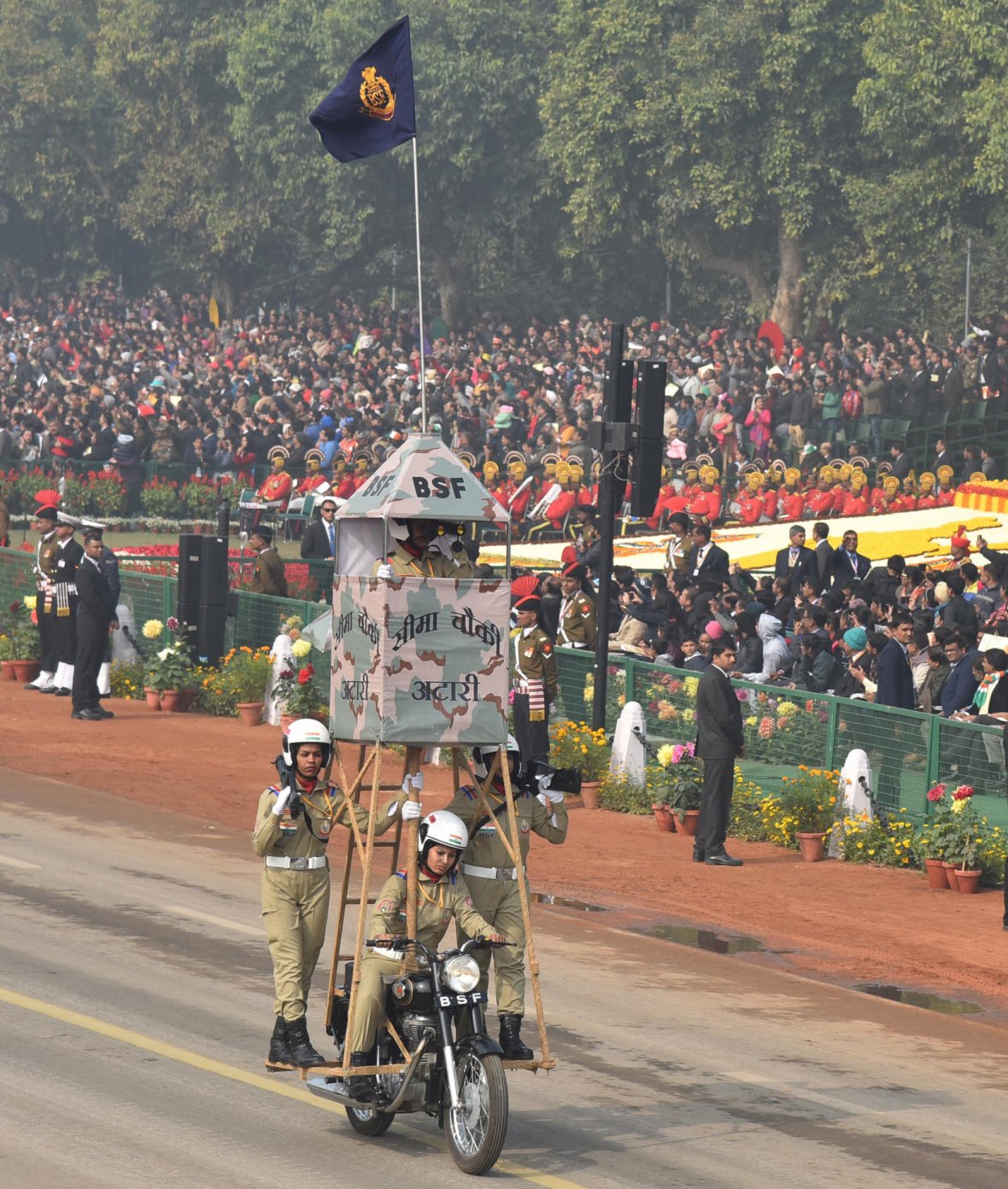 Rajpath comes alive with the dare devil stunts of Women’s Motor Cycle team ‘Seema Bhawani’ of Border Security Force, on the occasion of the 69th Republic Day Parade 2018