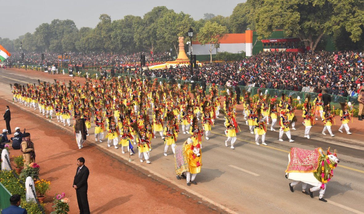 school children perform at Rajpath, on the occasion of the 69th Republic Day Parade 2018