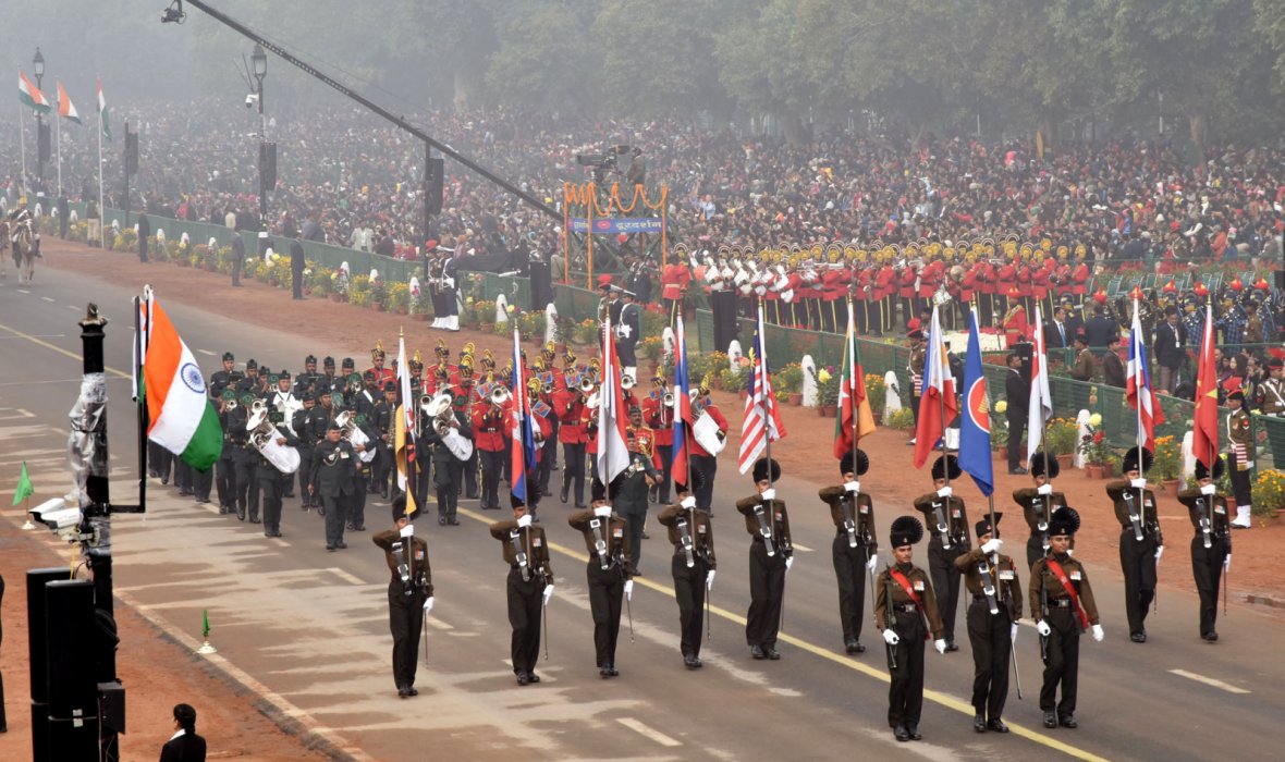 Indian Army band with ASEAN flag bearer contingent passes through the Rajpath
