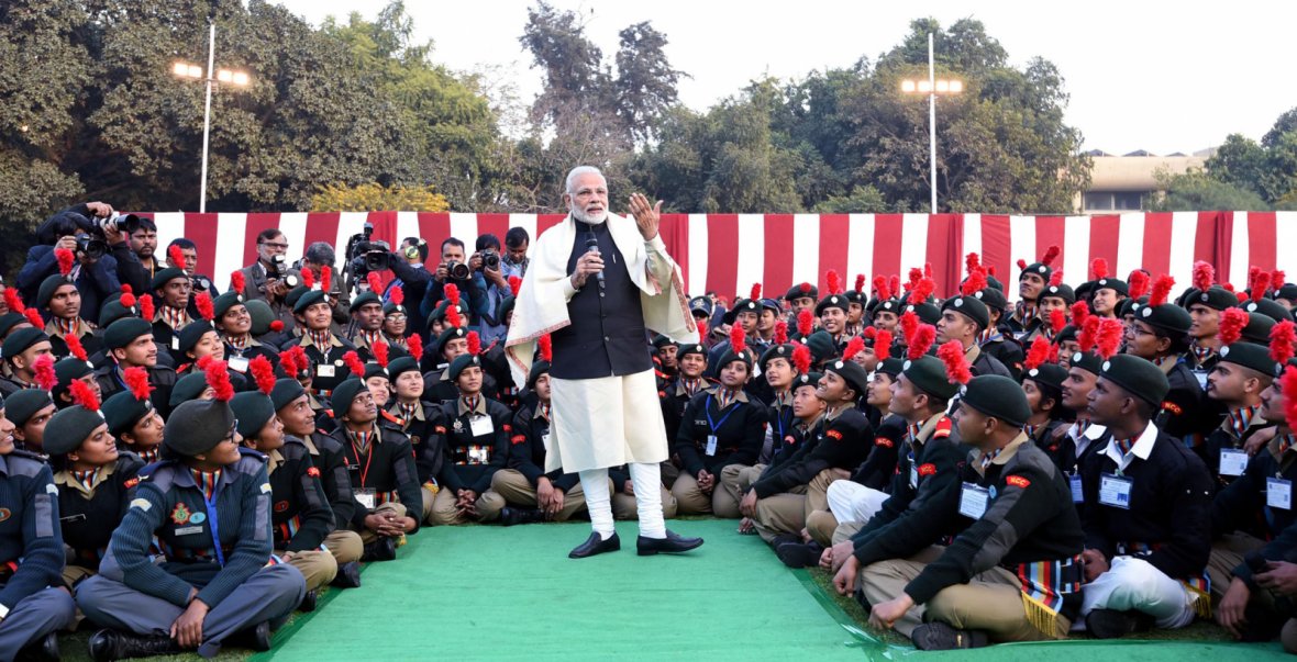 Prime Minister Narendra Modi interacting with NCC Cadets, NSS Volunteers, Tableaux Artists and tribal guests, at Teen Murti Bhawan