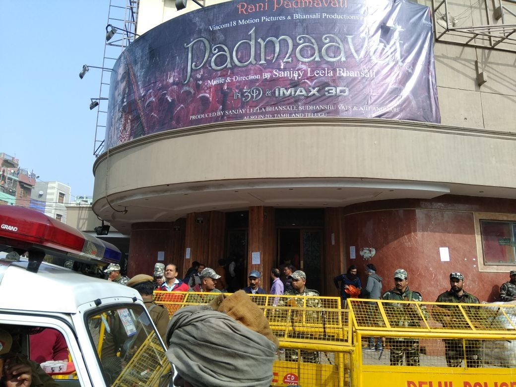 Security beefed up outside a Delhi cinema hall in the wake of ongoing protests against the release of film "Padmaavat"