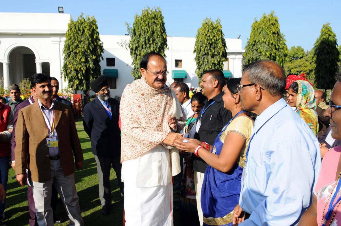 Vice President  M. Venkaiah Naidu meeting the Tribal Guests who participated in the Republic Day Parade - 2018