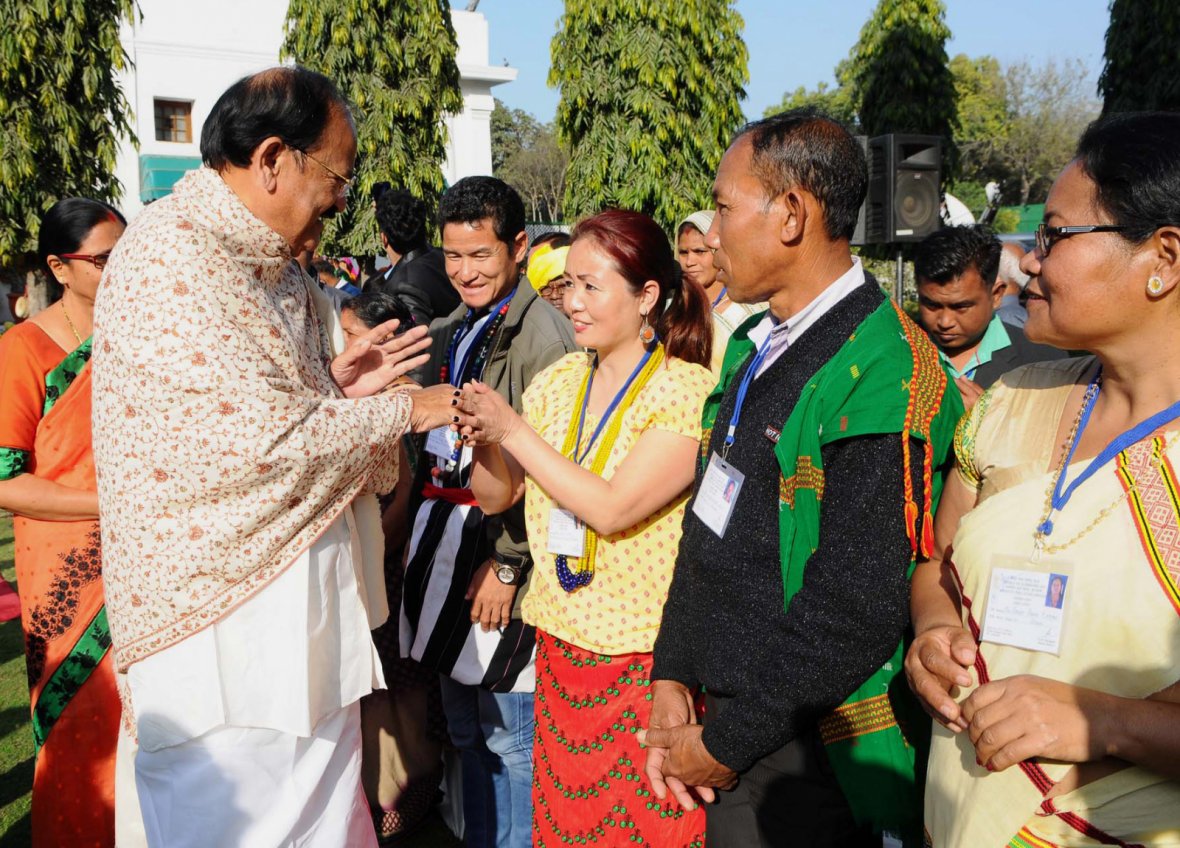 Vice President  M. Venkaiah Naidu meeting the Tribal Guests who participated in the Republic Day Parade - 2018
