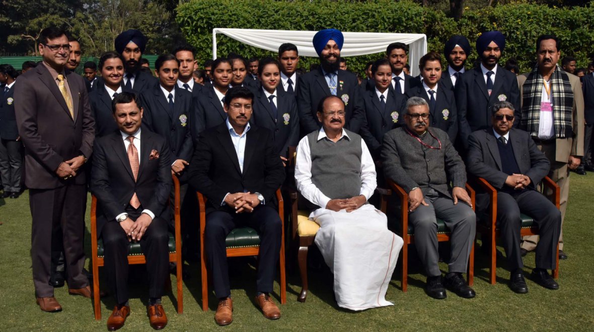  Vice President M. Venkaiah Naidu with the National Service Scheme (NSS) Volunteers who participated in Republic Day Parade 2018