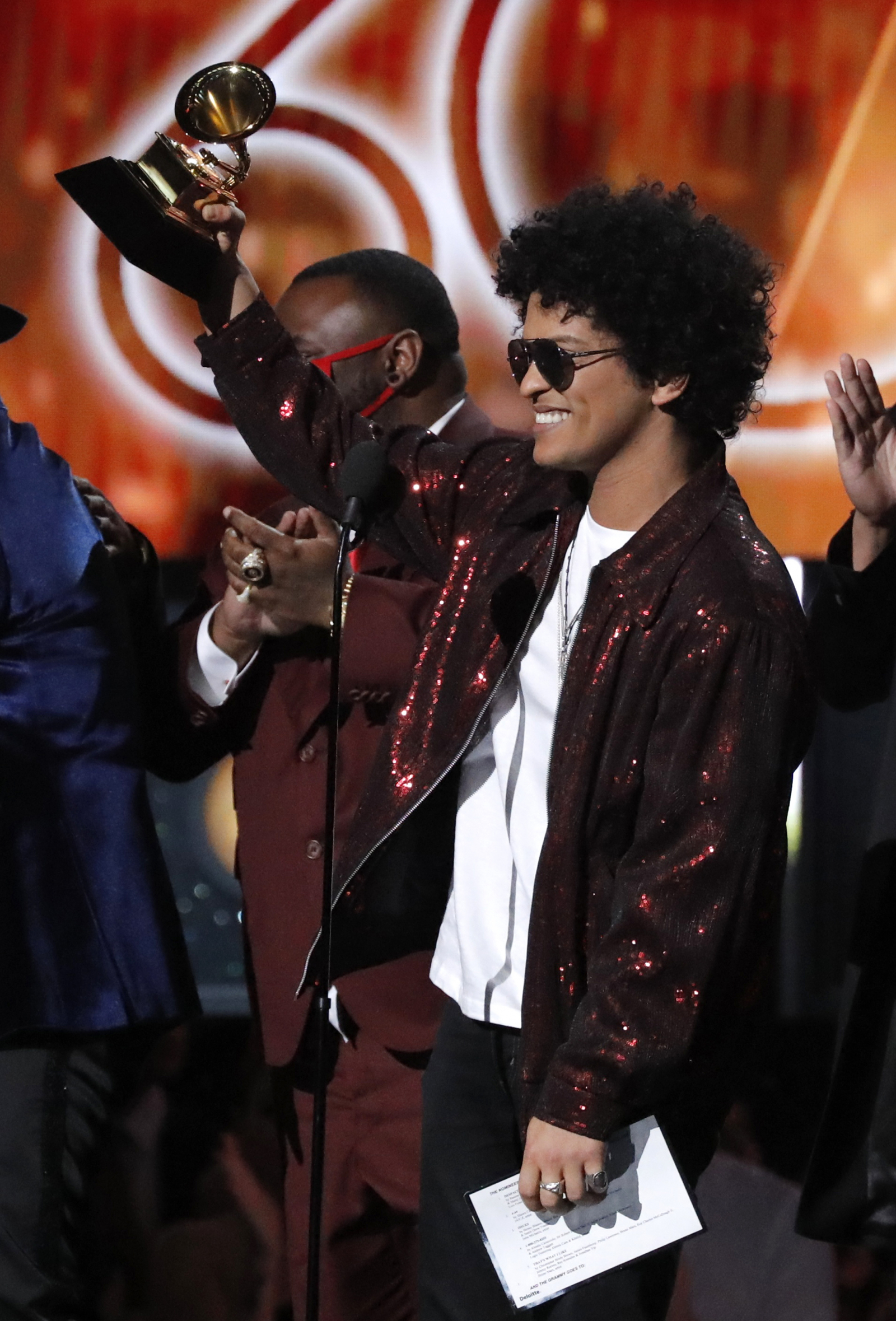 Bruno Mars accepts the Grammy for song of the year for "That's What I Like."