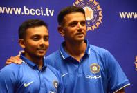 India's Under-19 Cricket team Captain Prithvi Shaw and coach Rahul Dravid during a press conference in Mumbai on Dec 27, 2017. 