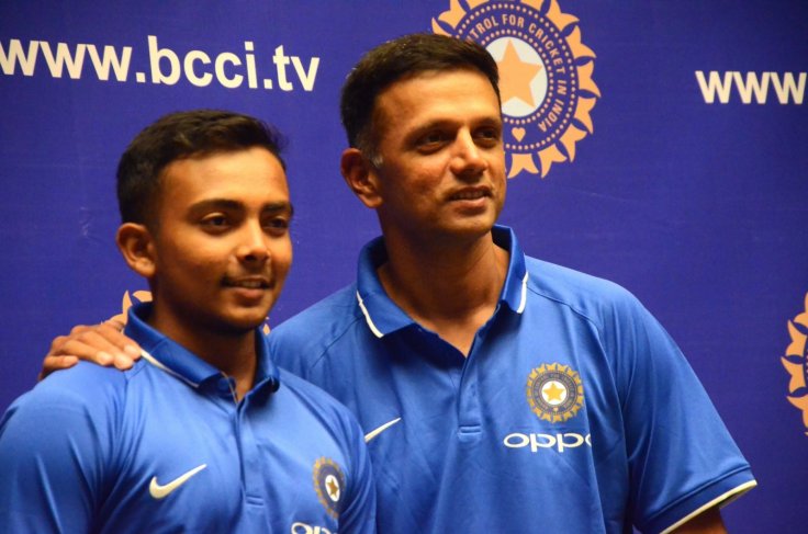 India's Under-19 Cricket team Captain Prithvi Shaw and coach Rahul Dravid during a press conference in Mumbai on Dec 27, 2017. 