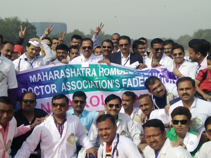 Members of Maharashtra Homeopathic Doctor Association's Federation participate in a rally to support National Medical Commission Bill