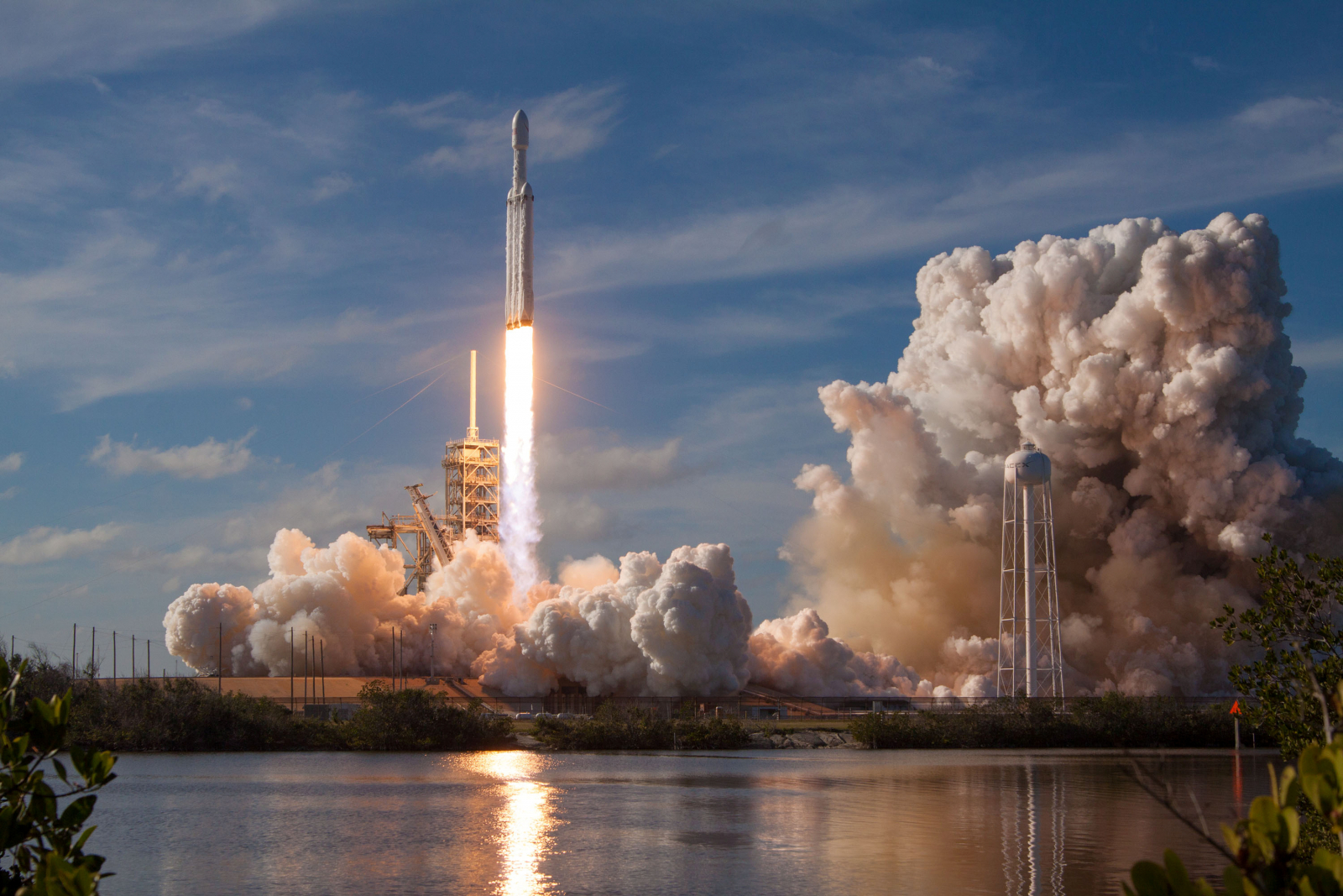 A SpaceX Falcon Heavy rocket lifts off from the Kennedy Space Center in Cape Canaveral