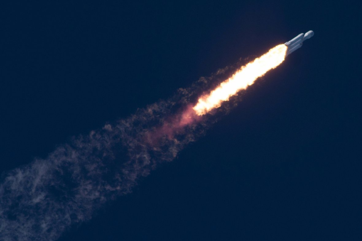 A SpaceX Falcon Heavy rocket lifts off from the Kennedy Space Center in Cape Canavera